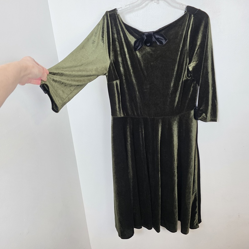 Unique Vintage Green Velvet Bow Devin 3/4 Sleeve Pin Up Swing Midi Dress XL - Picture 13 of 13